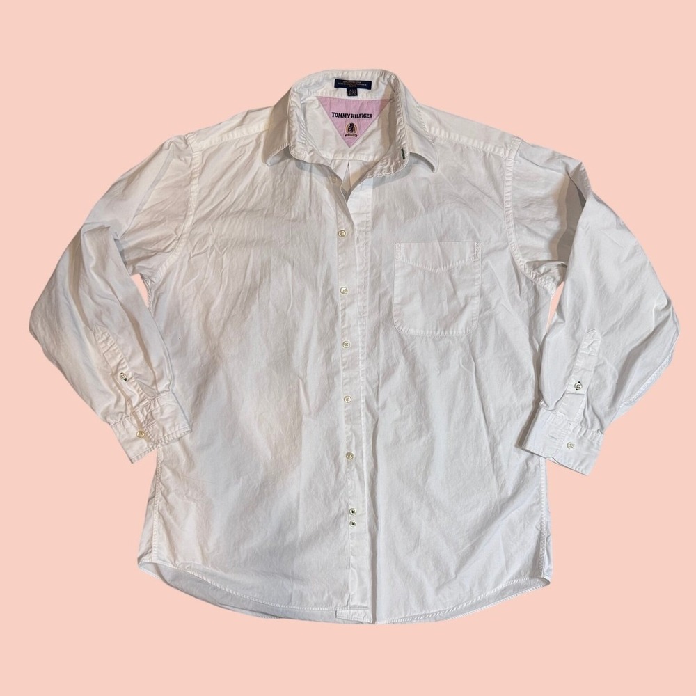 vintage TOMMY HILFIGER Button Down SHIRT 15.5 32-33 WHITE Contrast Collar Crest
